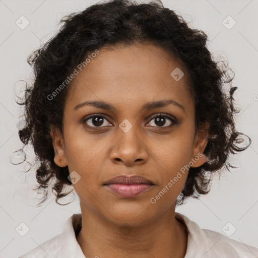 Neutral black young-adult female with medium  brown hair and brown eyes