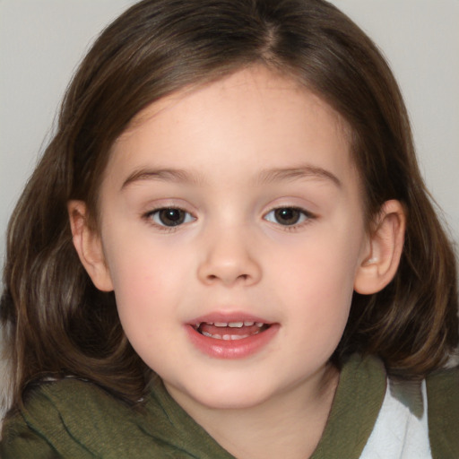 Joyful white child female with medium  brown hair and brown eyes