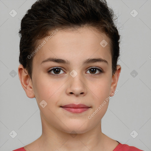 Joyful white child female with short  brown hair and brown eyes