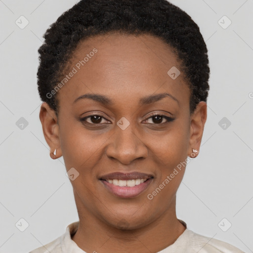 Joyful black young-adult female with short  black hair and brown eyes