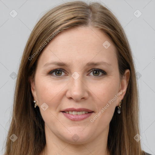 Joyful white young-adult female with long  brown hair and grey eyes