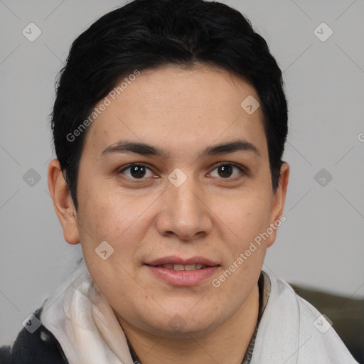 Joyful white adult female with short  brown hair and brown eyes