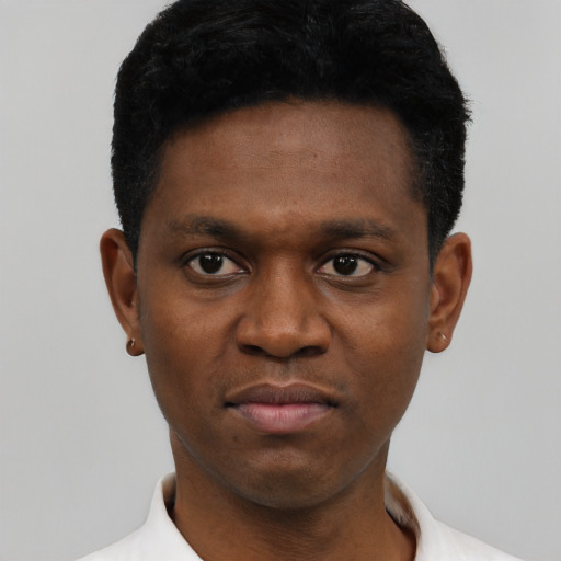 Neutral black young-adult male with short  black hair and brown eyes