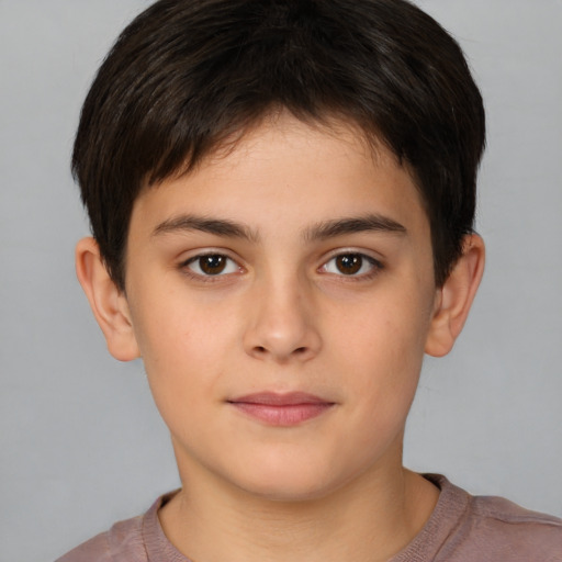 Joyful white child female with short  brown hair and brown eyes