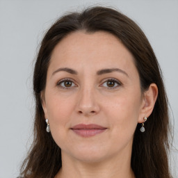 Joyful white adult female with long  brown hair and grey eyes