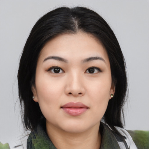 Neutral asian young-adult female with medium  black hair and brown eyes