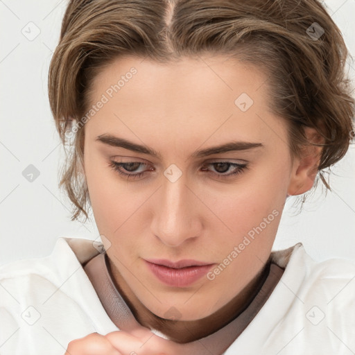 Neutral white young-adult female with medium  brown hair and brown eyes