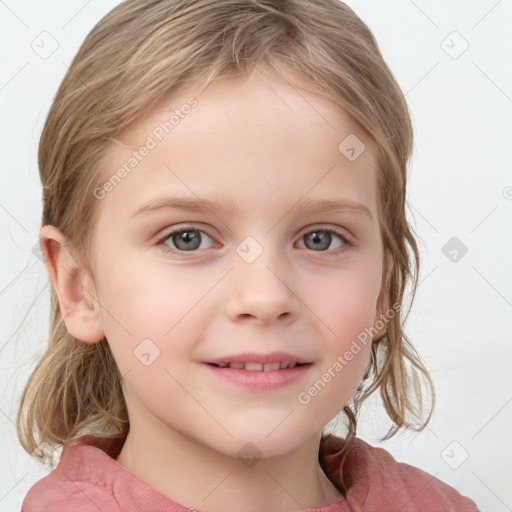 Joyful white child female with medium  brown hair and blue eyes