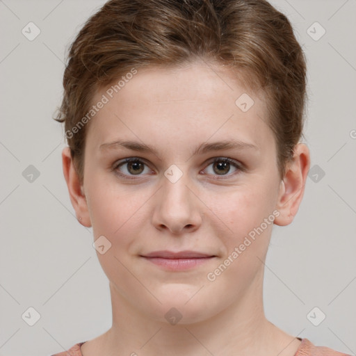 Joyful white young-adult female with short  brown hair and grey eyes