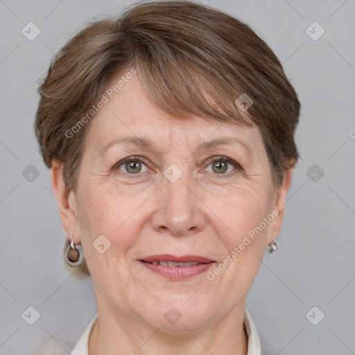 Joyful white adult female with medium  brown hair and grey eyes