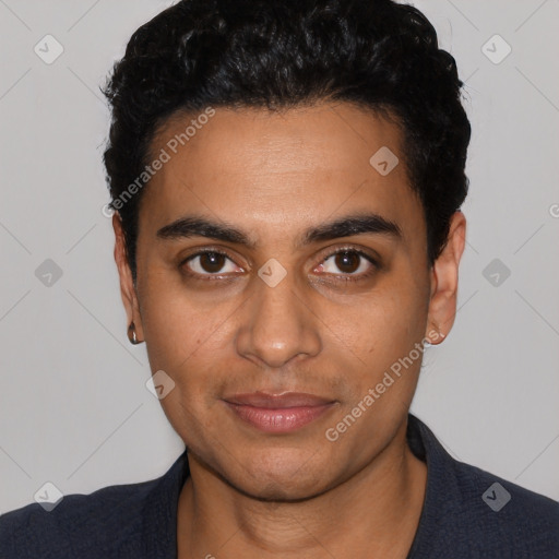 Neutral latino young-adult male with short  black hair and brown eyes