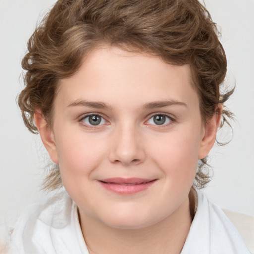 Joyful white child female with medium  brown hair and brown eyes