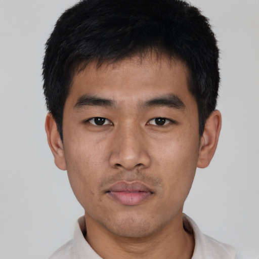 Neutral asian young-adult male with short  black hair and brown eyes