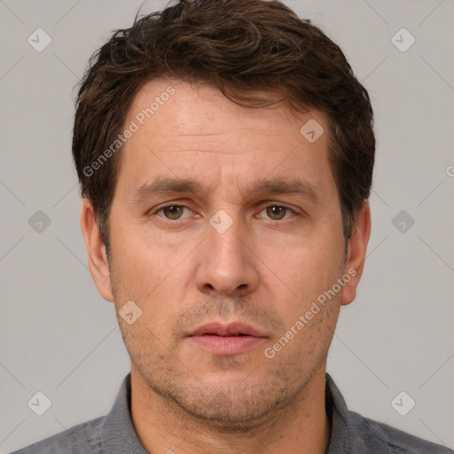 Neutral white adult male with short  brown hair and brown eyes