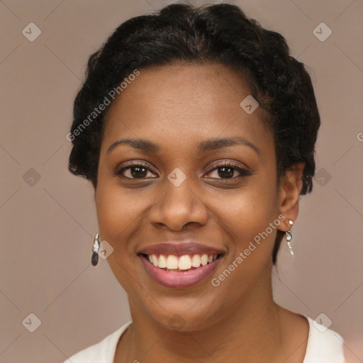 Joyful latino young-adult female with short  brown hair and brown eyes