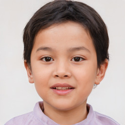 Joyful white child female with short  brown hair and brown eyes