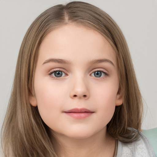 Neutral white child female with medium  brown hair and grey eyes