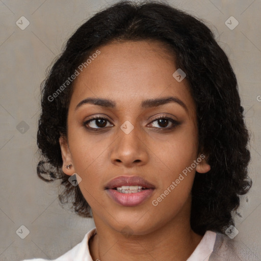 Neutral black young-adult female with medium  brown hair and brown eyes