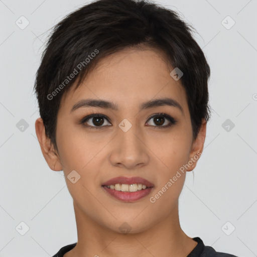 Joyful asian young-adult female with short  brown hair and brown eyes