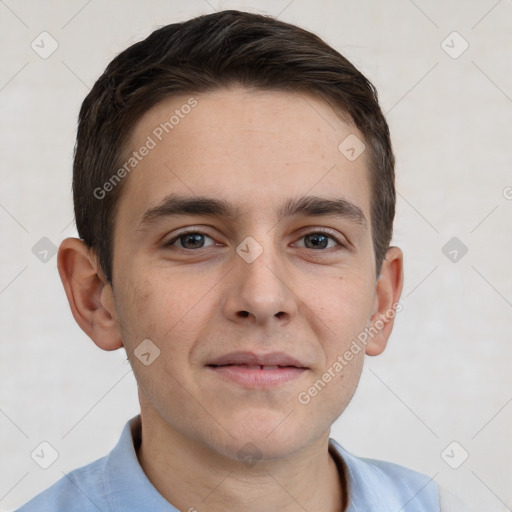 Neutral white young-adult male with short  brown hair and brown eyes