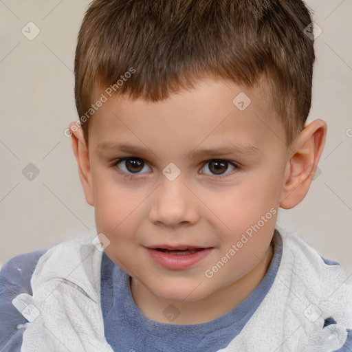 Joyful white child male with short  brown hair and brown eyes