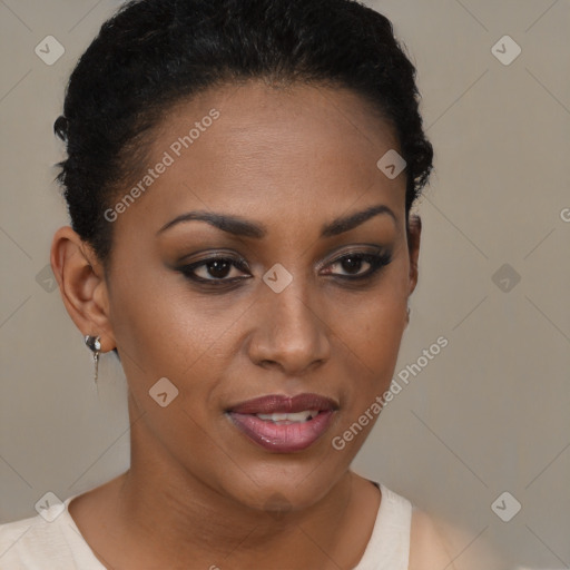 Joyful black young-adult female with short  brown hair and brown eyes
