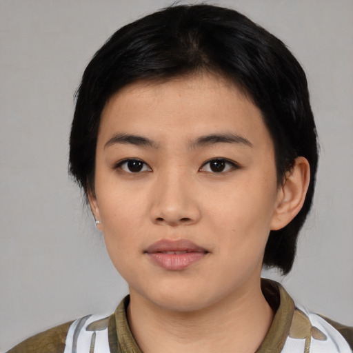 Neutral asian young-adult female with medium  black hair and brown eyes