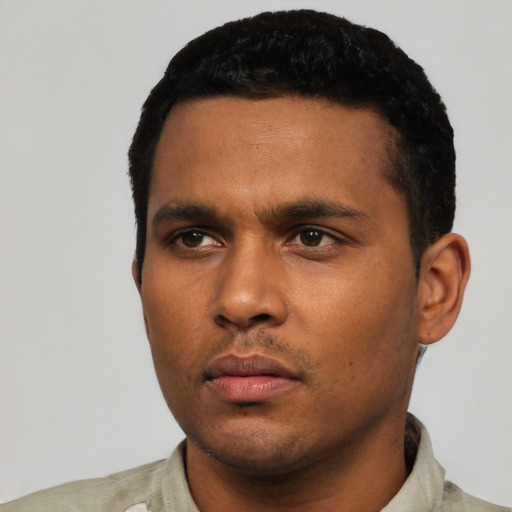 Neutral latino young-adult male with short  black hair and brown eyes