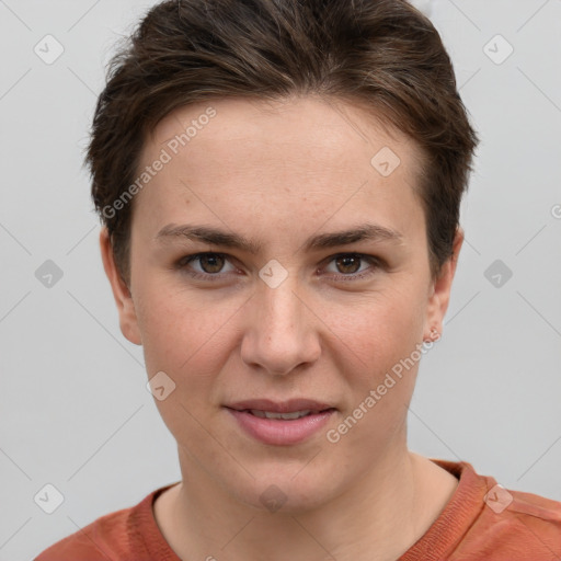 Joyful white young-adult female with short  brown hair and grey eyes