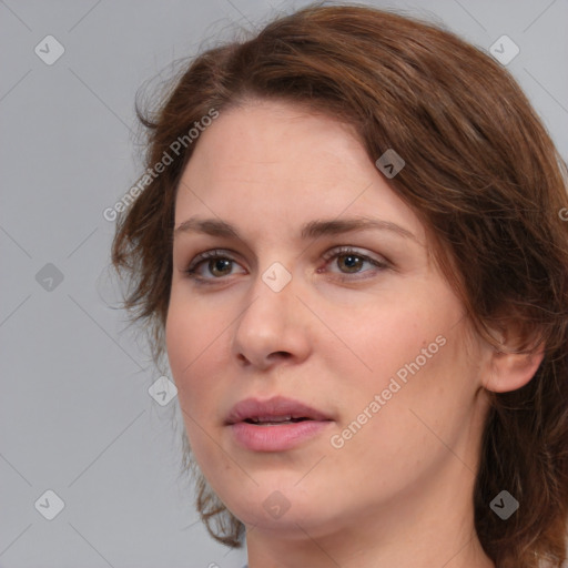 Neutral white young-adult female with medium  brown hair and brown eyes