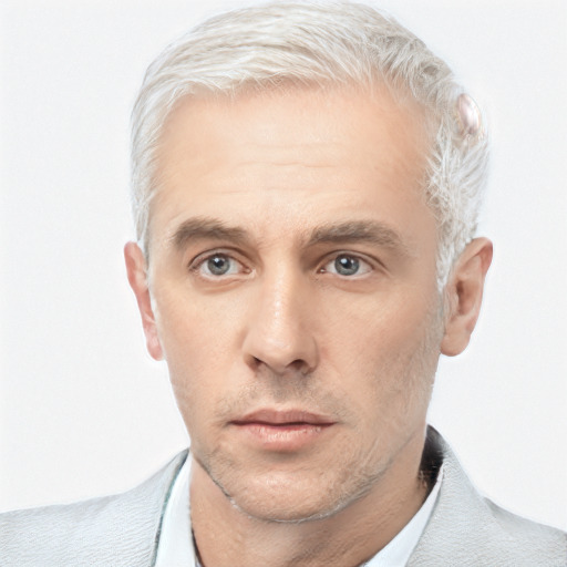 Neutral white adult male with short  gray hair and blue eyes