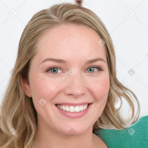 Joyful white young-adult female with medium  brown hair and blue eyes