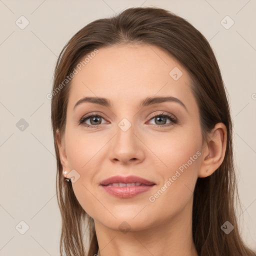 Joyful white young-adult female with long  brown hair and grey eyes