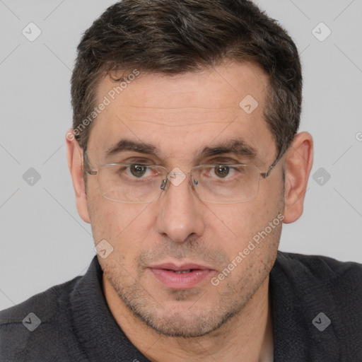 Neutral white adult male with short  brown hair and brown eyes