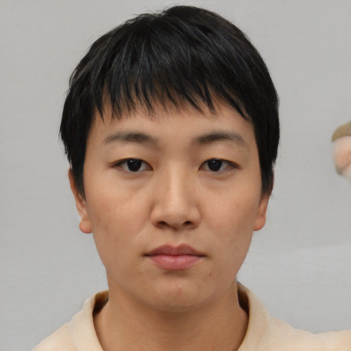 Neutral asian young-adult male with short  black hair and brown eyes