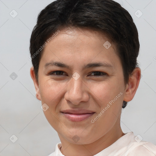 Joyful white young-adult female with short  brown hair and brown eyes