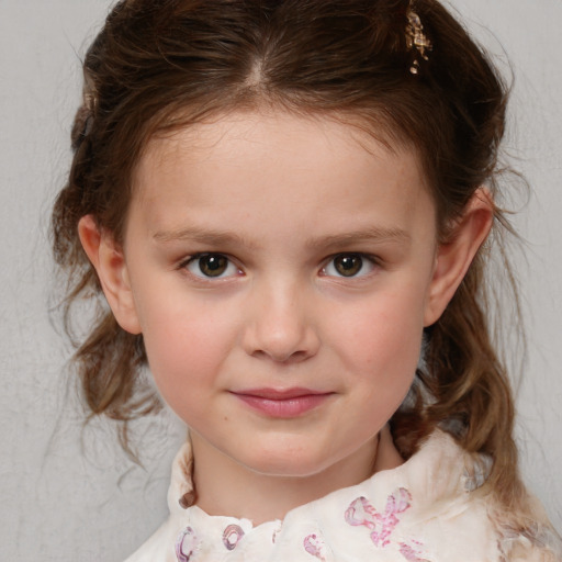 Joyful white child female with medium  brown hair and brown eyes