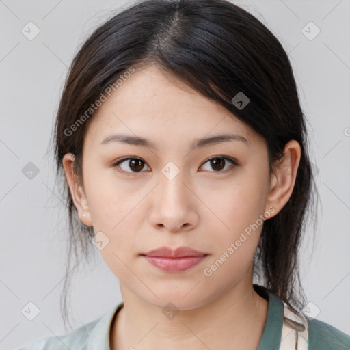 Neutral asian young-adult female with medium  brown hair and brown eyes