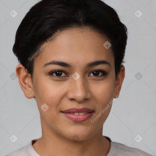 Joyful latino young-adult female with short  brown hair and brown eyes