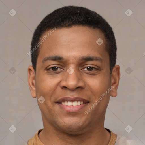 Joyful latino young-adult male with short  brown hair and brown eyes