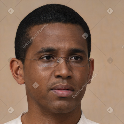 Neutral black young-adult male with short  black hair and brown eyes