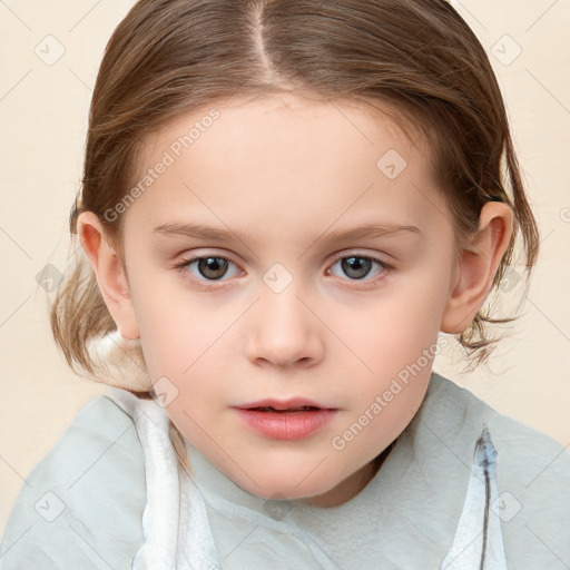 Neutral white child female with medium  brown hair and blue eyes