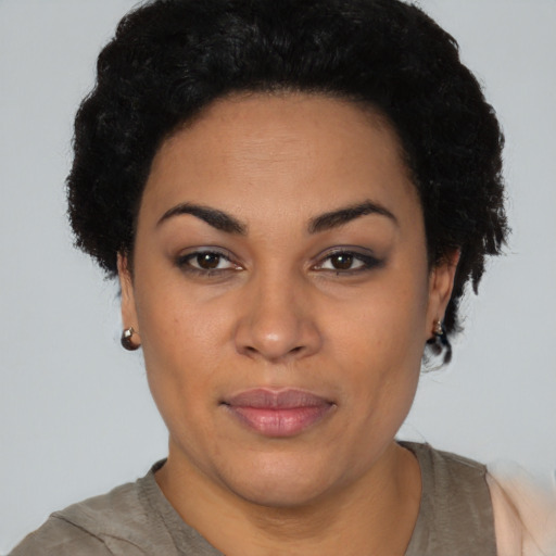 Neutral latino young-adult female with short  black hair and brown eyes