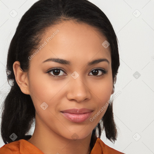 Joyful latino young-adult female with medium  brown hair and brown eyes