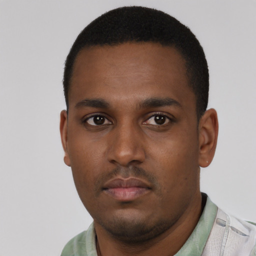 Neutral black young-adult male with short  black hair and brown eyes