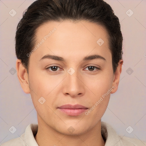 Joyful white young-adult female with short  brown hair and brown eyes