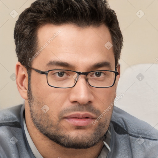 Neutral white young-adult male with short  brown hair and brown eyes