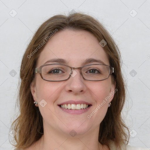 Joyful white young-adult female with medium  brown hair and blue eyes