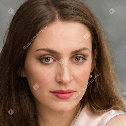 Joyful white young-adult female with long  brown hair and green eyes