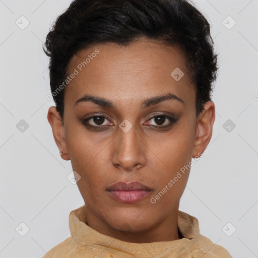 Neutral latino young-adult female with short  brown hair and brown eyes